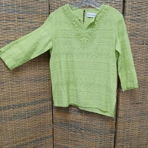 Alfred Dunner Tunic Lime Green Beaded Battenburg V Neckline Blouse Top Sz8 Boho